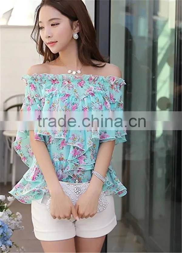 2015 lady Flower printed chiffon blouse