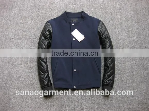 2015 casual men's splicing imitation leather sleeve baseball jacket