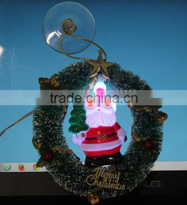 Premium 5" USB Merry Chirstmas Glowing LED Santa Clause Wreath with Suction Cup