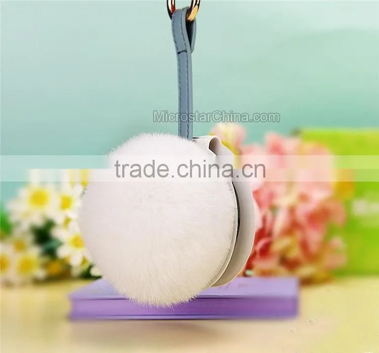 9cm Genuine Rex Rabbit Double Makeup Mirror Keychain Fur Ball Key Chain