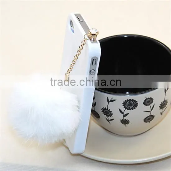 2015 wholesale Fashion Sparkling Diamond 3.5mm crown Dustproof Plug for mobile phone,Pearl rabbit hair ball dustproof plug