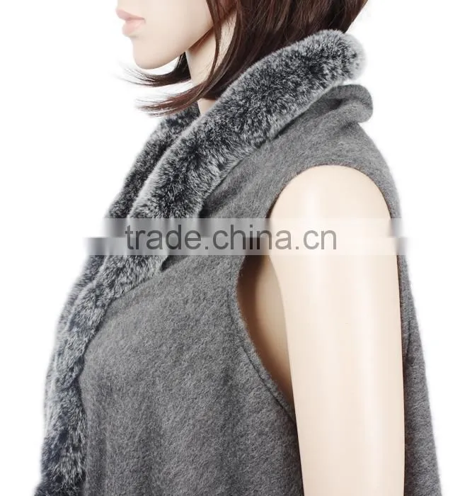 New Production cashmere cape with fur trim rabbit fur trim fur shawl KZ150097