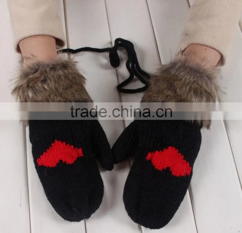 Lovely Women Double-Deck Wool Hang Neck Winter Mittens Knitted Warm Fur Gloves Cheap Wholesale
