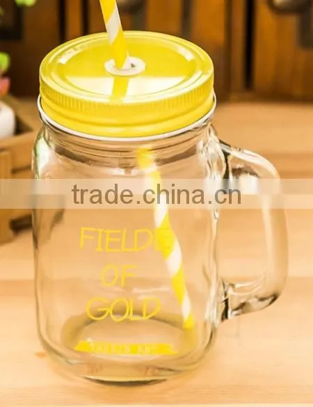 handle glass jar for water with lid and straw