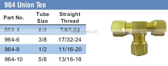 964 Union Tee,Air Brake Fittings for Nylon Tube, Brass valve