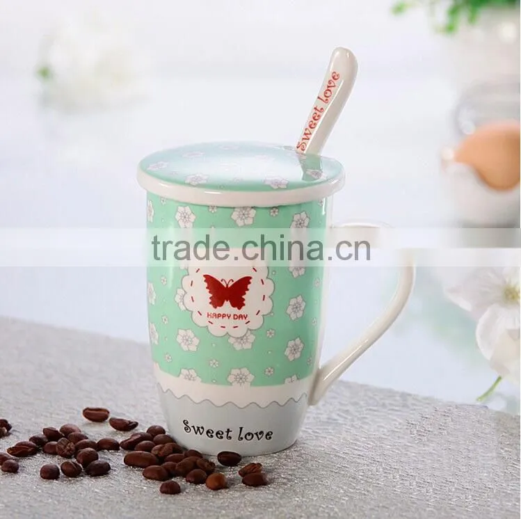 Ceramic mug with spoon,coffee mug with lid&spoon,floral dot travel mug with handle,mug with spoon