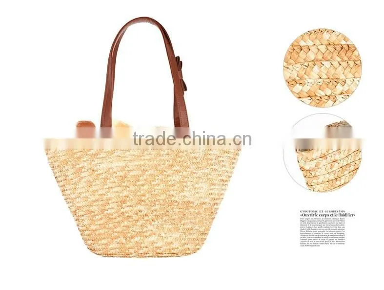 Wholesale decorative lovely woven straw bag corn husk bag with leather handles