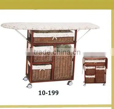 wooden ironing board table in cabinet with wheels and willow baskets