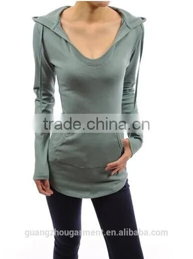 cotton hoodie ribbed sides pocket curve hem tunic casual top Adult age plain crop tops,long sleeve top,online clothing store
