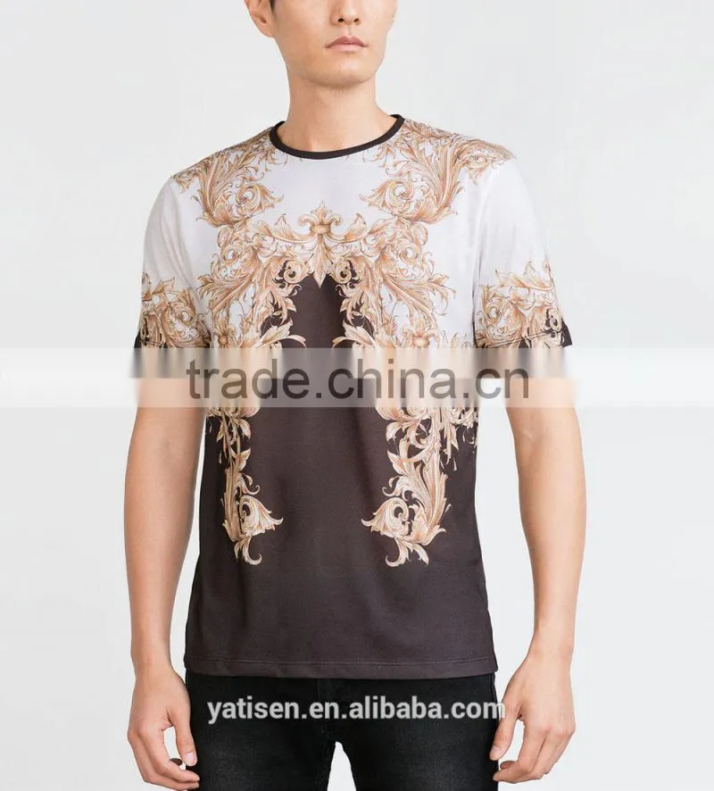 2015 Hot Sale Campaign Crew neck gold pattern printed T Shirt 100% Cotton With Custom Label