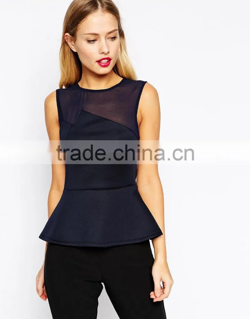 New design Crew neckline Peplum Top with Mixed Fabric