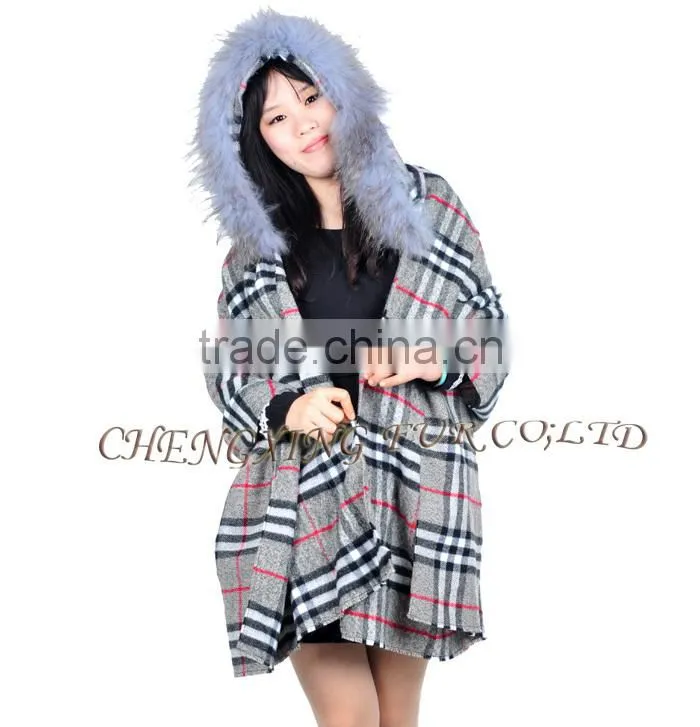CX-B-P-39 Cheap Genuine Raccoon Fur Trim Pashmina Shawls Wholesale With Hood
