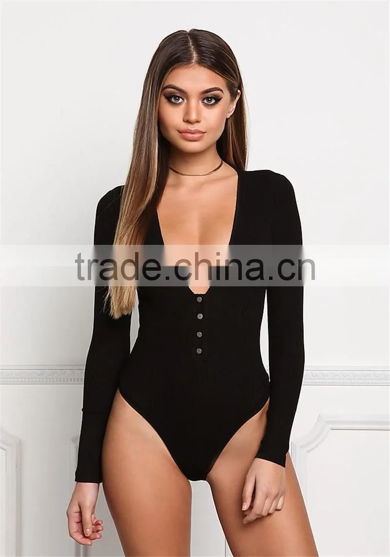 MGOO Foshan Manufacturer Custom Plunge Ribbed Bodysuits Black Cotton Spandex Blouse High Cut Buttons Up Tops