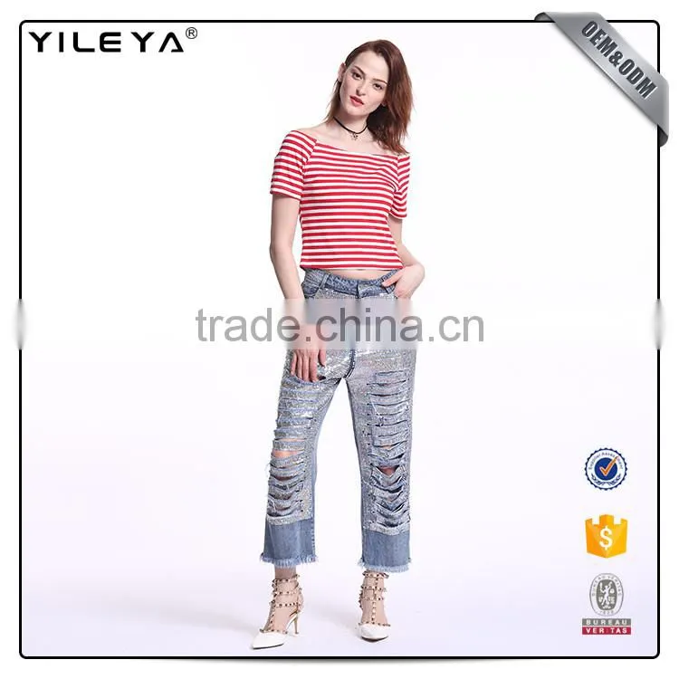 OEM services women short sleeve stripe t-shirt