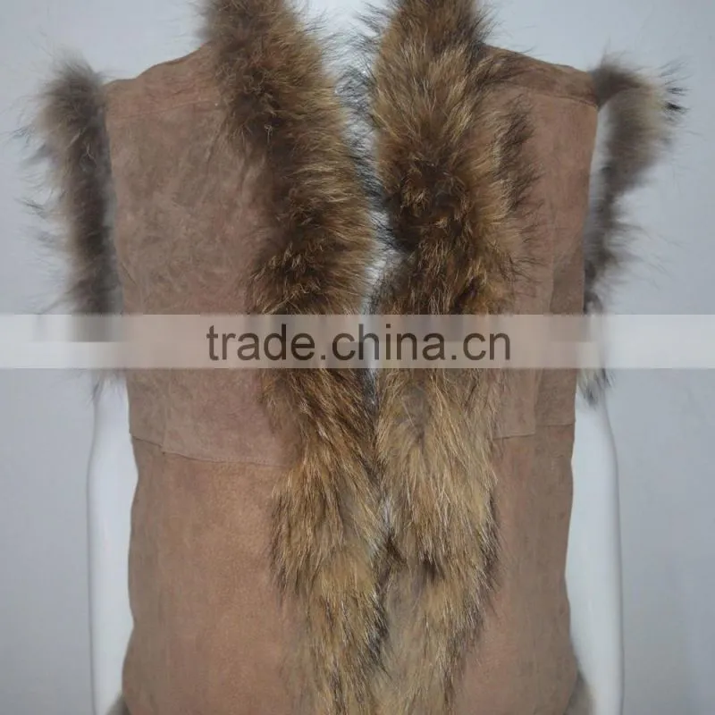 SJ185-01 UK Design Tongxiang Fur Big Raccoon Collar Suede Vests