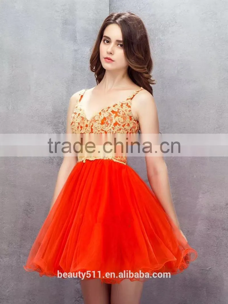New Fashion Design 2015 Square Neckline Spaghetti Strap Sleeveless Knee-length Lace Short Girl Party Evening Dresses ED580
