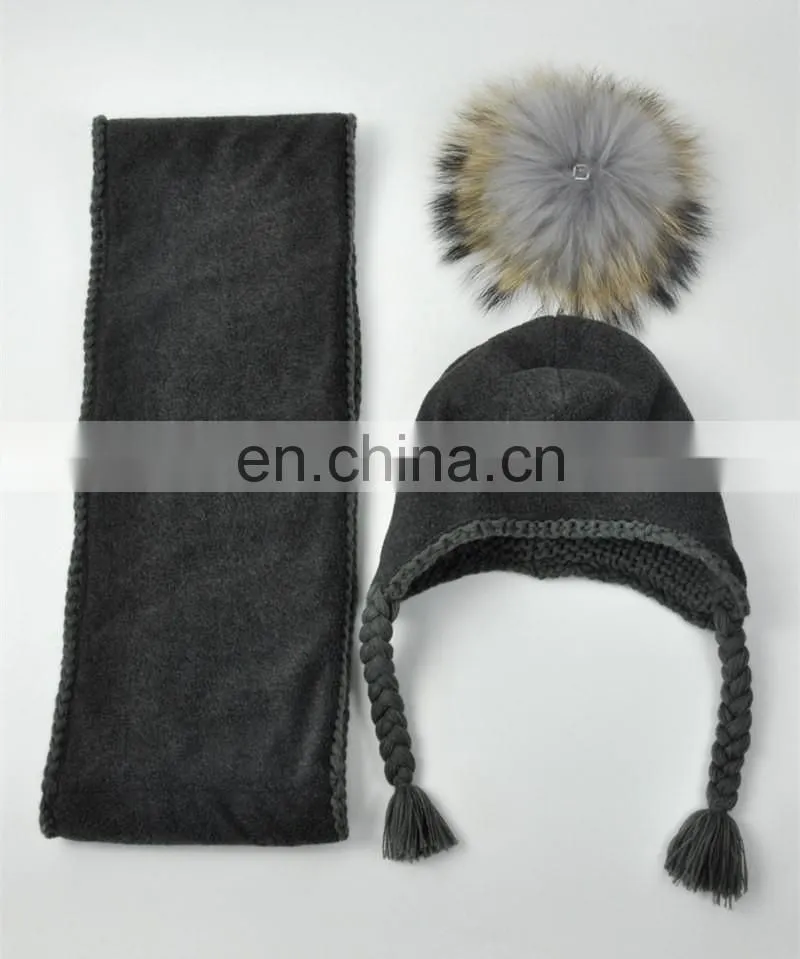 Kids Customized Design Wool Collar Raccoon Fur Pom Cashmere Knitted Hat and Scarf