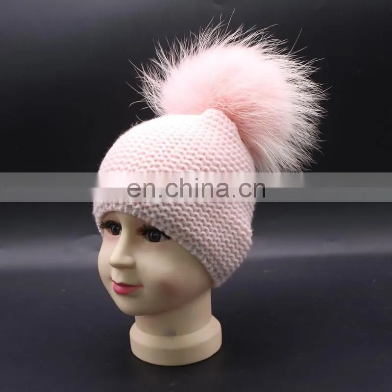 Fashion Kids Winter Knitted Raccoon Fur Pompom 100% Acrylic Knitted Beanie Hat