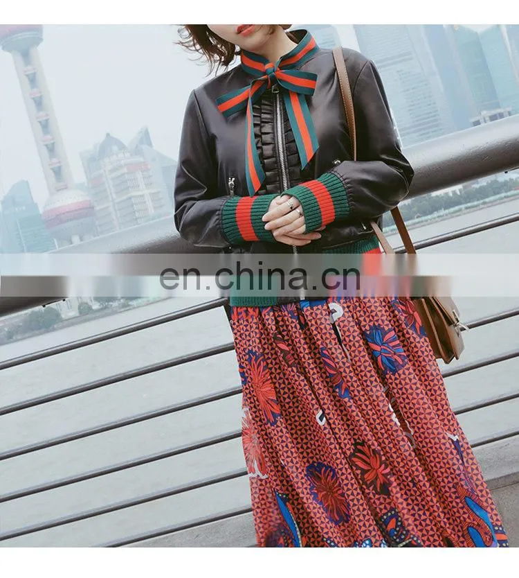 Custom Lady Real Leather Jacket With Ribbon Ribbon Leather Jacket Motorcycle