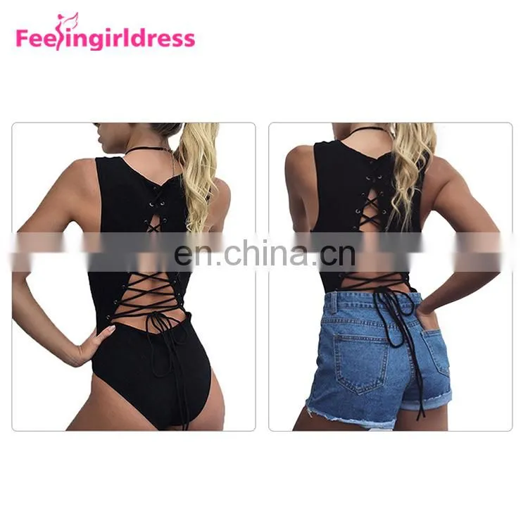 New Design Sleeveless Back Lace Up Transparent Bodysuit Women Sexy