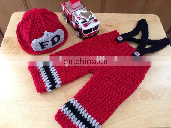 Newborn Baby Firefighter Fireman Red Hat Outfit, 2 pc Red Pant Set w/Suspenders, Photography Prop
