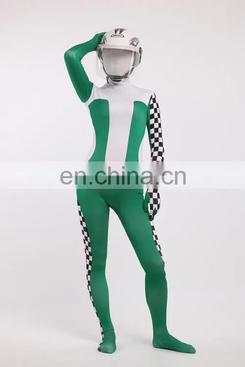 Green & White Racing Car Driver Full Body Spandex Cosplay Costume Zentai Suit