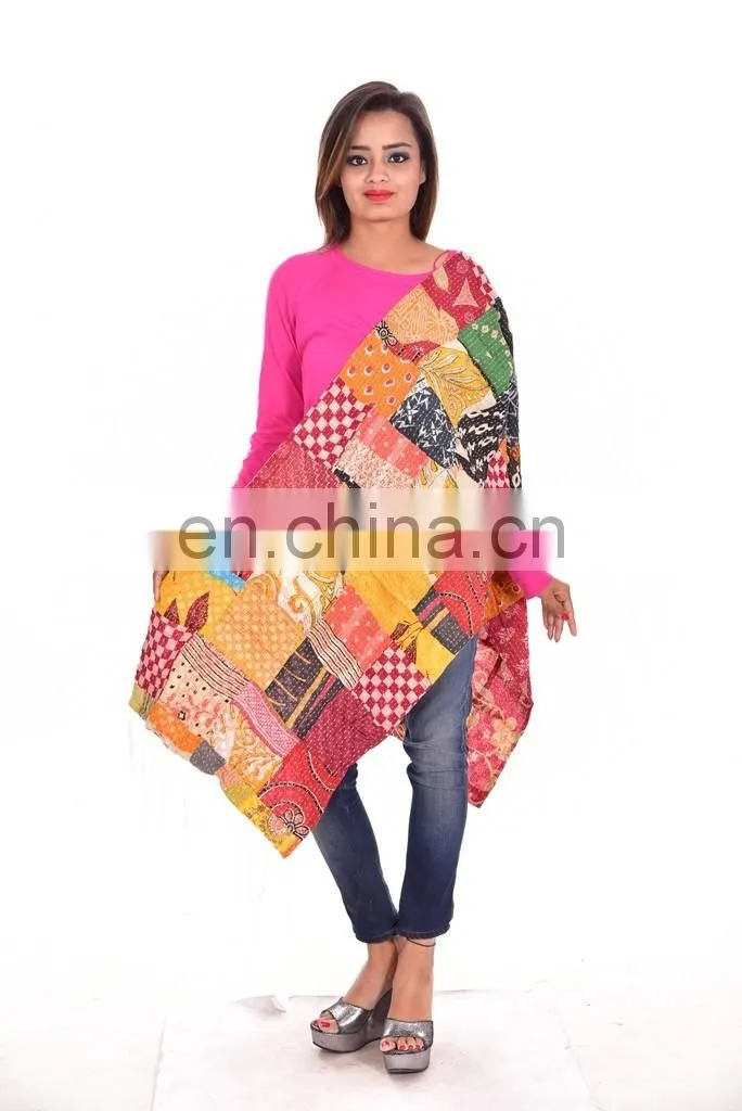 Reversible Vintage Cotton Kantha Scarf Handmade Hijab Stole Sari Shawl
