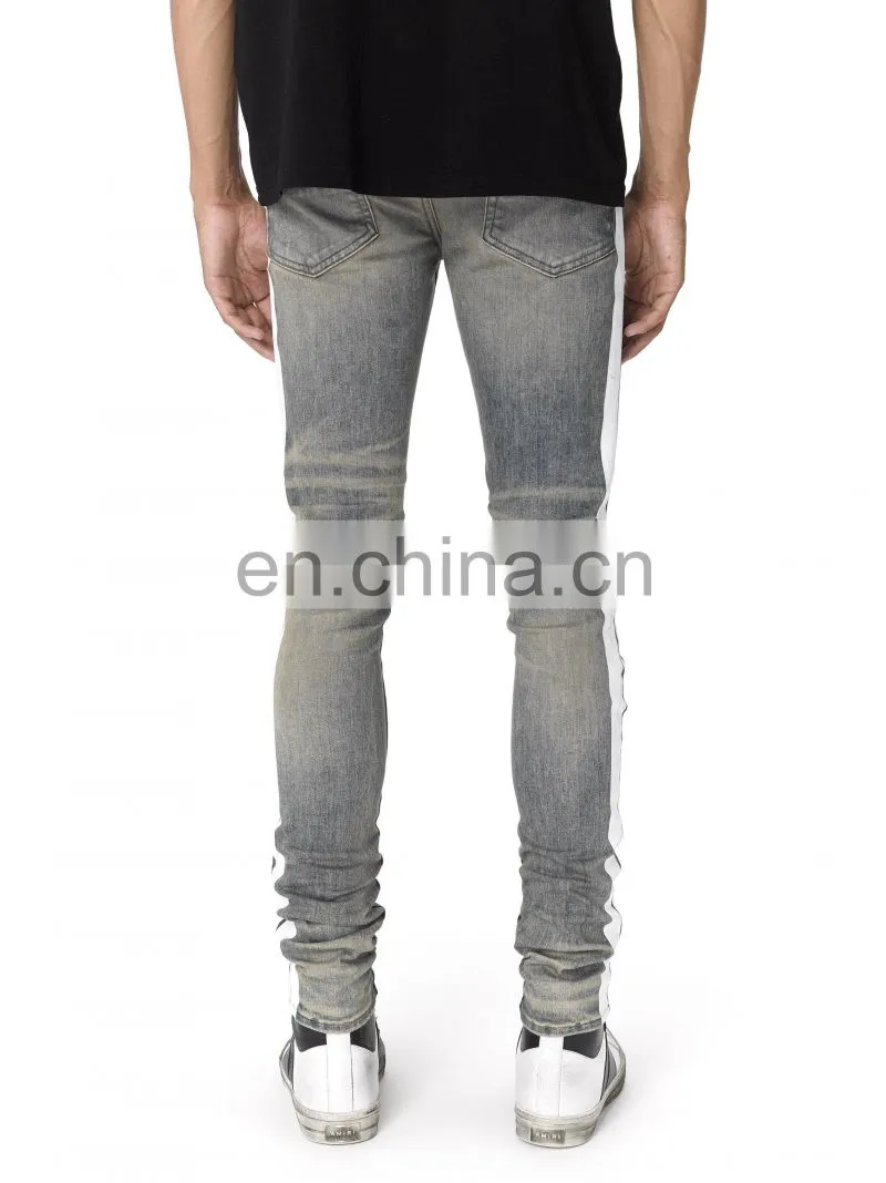 DiZNEW Dirty Indigo White Side Broken Track Ripped Denim Jeans Men