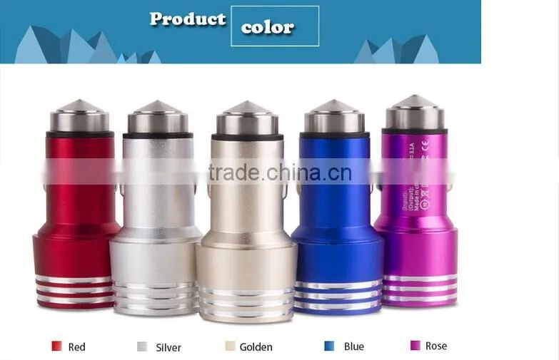 2015 cell phone ipad safety hammer car charger with metal aluminum with broken window hammer design function