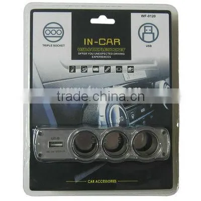 12V / 24V 3 Way Triple Sockets USB Car Cigarette Lighter Socket Splitter Charger