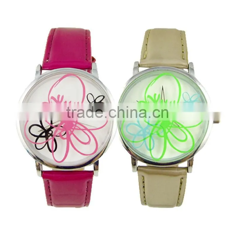 Europe Elegant Clear Flower Painting Women Leather Strap Watch