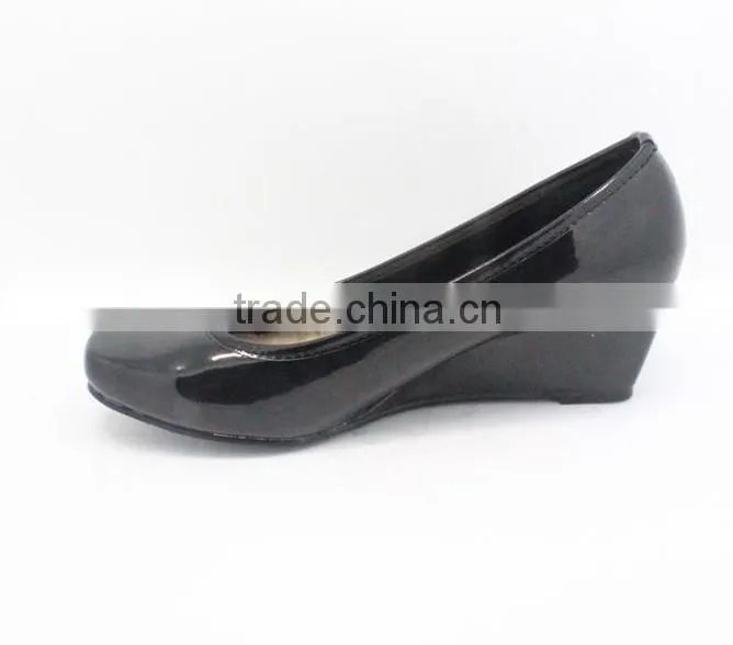 Classic patent PU leather square toe women wedges shoes guangzhou shoes factory