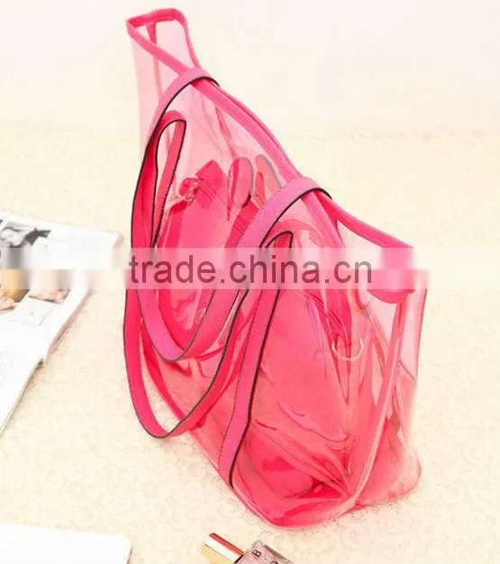 Transparent style 2 in One Women Leather Bags Handbag Clutch Tote Shoulder Bag . PVC beach bags orange