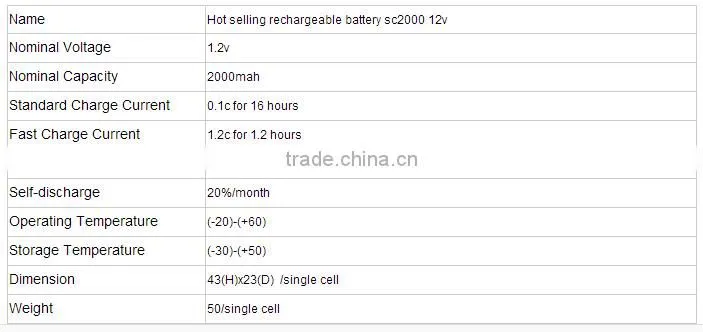 manufacture Ni-CD 1.2V SC2000mAh rechargeable battery for solar light