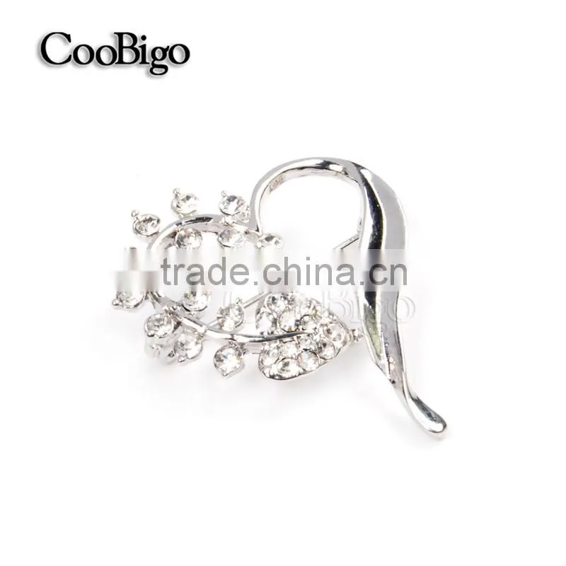 Fashion Jewelry Rhinestone Silver Leaves Heart Brooch Lady Girls Dresses Hijab Scarf Party Gift Apparel Promotion Accessories