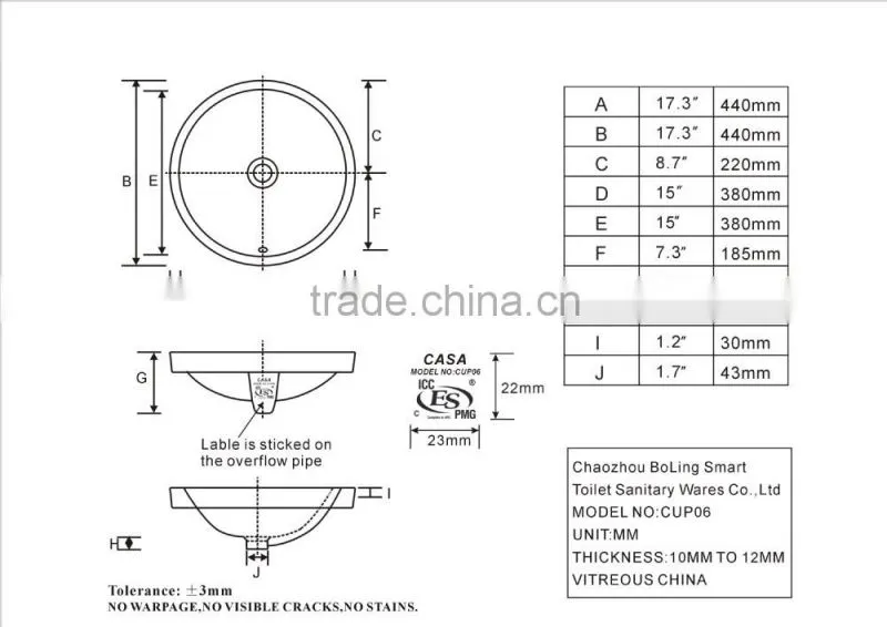 17 inch wash basin factory round drop in CUPC Sink