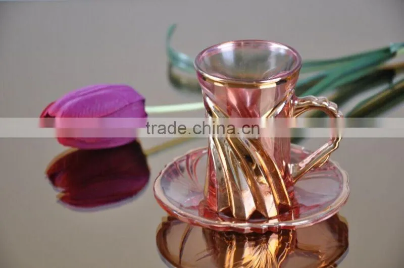 glass coffee cup and saucer set with silver design