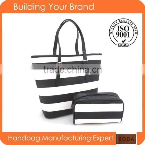 Black and white strips pu korean tote bag