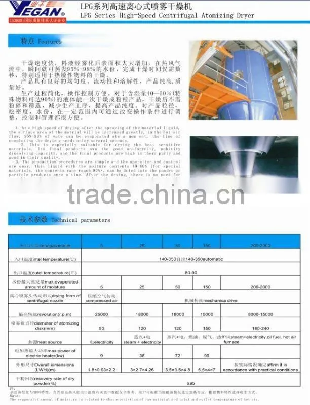LPG series High-speed centrifugal spray drier/ spray drier in chemicals