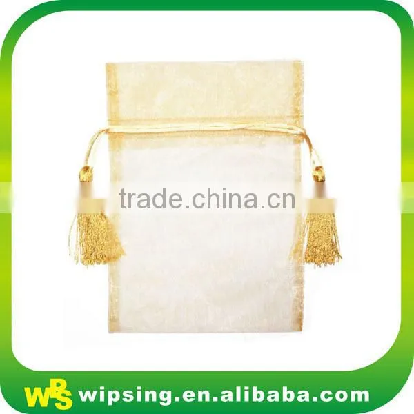 White Organza Pouch with Printed Ribbon Drawstring