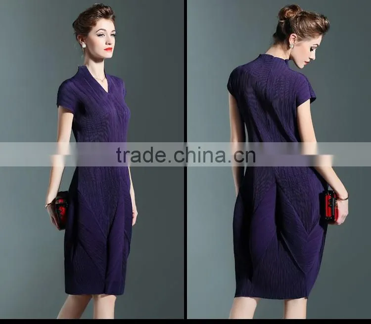 Solid colors women draped V neck lantern dresses with short sleeve