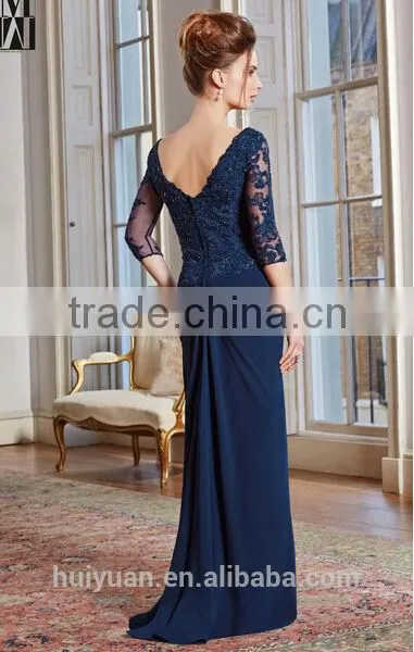 2015 new design ladies lace long sleeve blue prom dress
