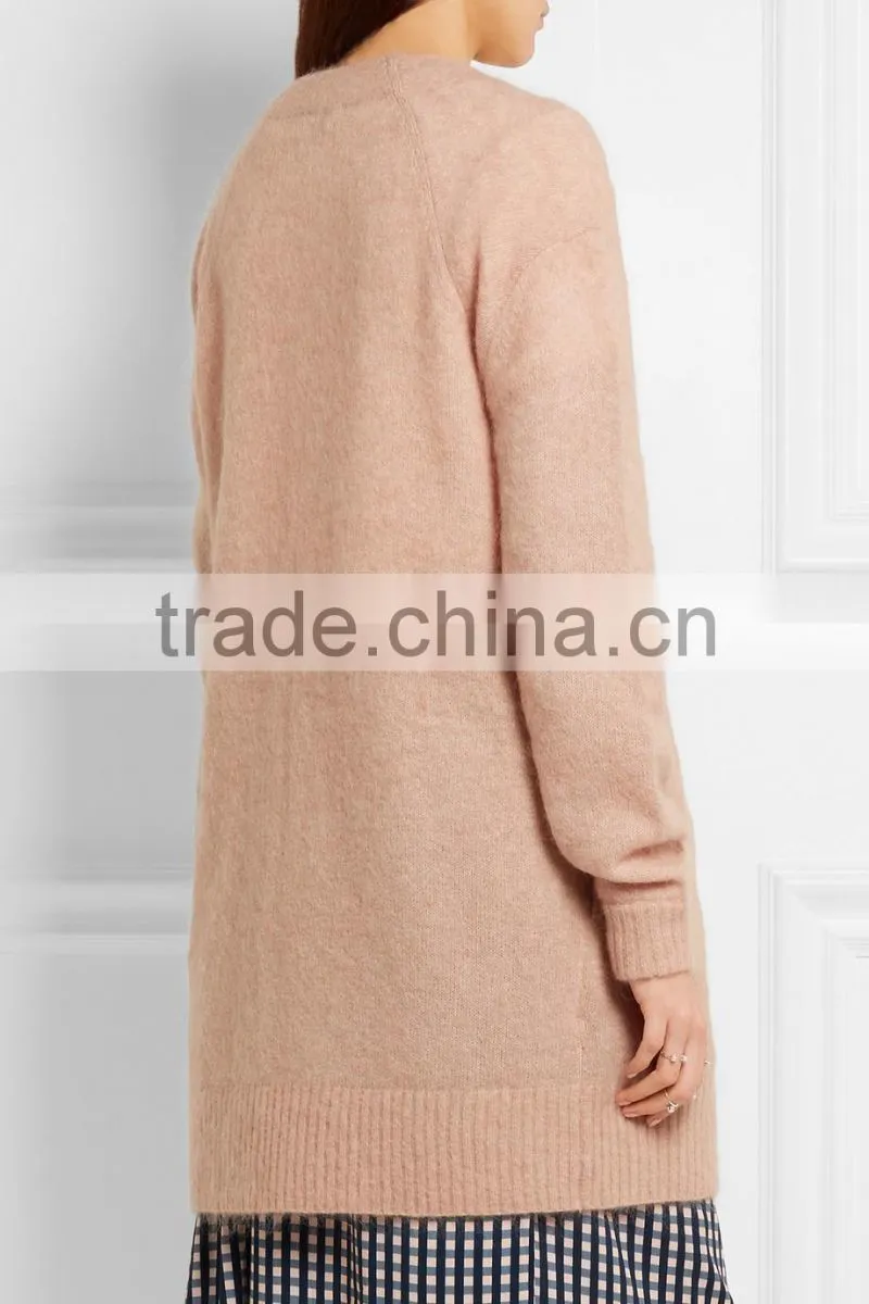 Long Version Women Wearing Knitted Cardigan with Ribbed Cuffs and Hem with Multi Colors Options