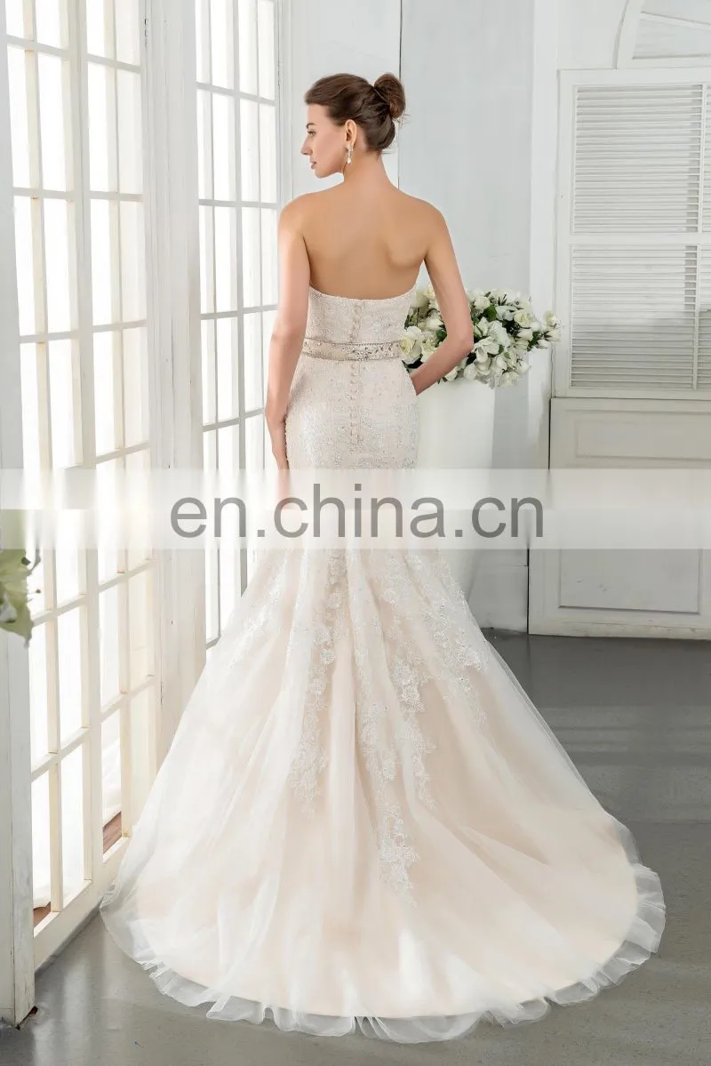 Latest design white french lace fabric Charming sash Lace Appliqued and Beaded Bridal Wedding Gowns