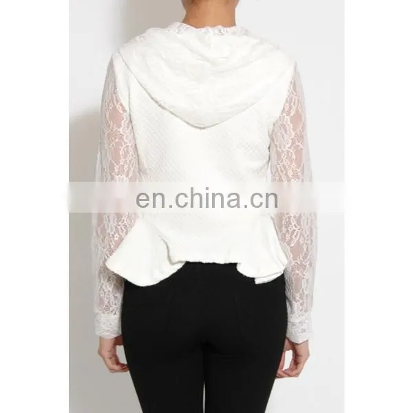 White Hooded Peplum Jacket/womens lapel jacket/clothing supplier china/wholesale lastest apparel model-cp355