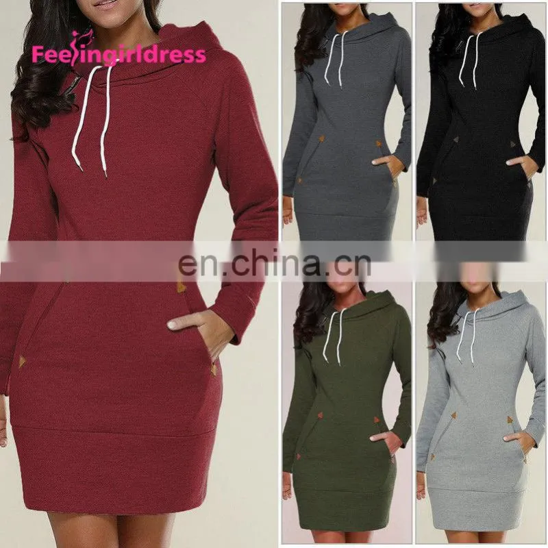 Fashion Plain Long Sleeve Slit Pullover Hoodie Women Winter Dress