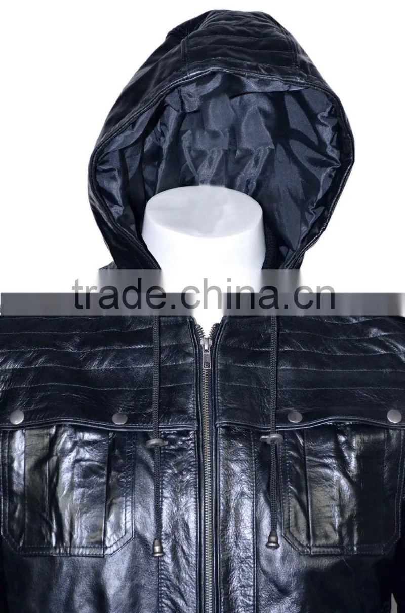 Black hooded leather jacket for men