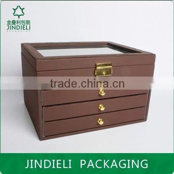 brown elegant leather wooden jewelry box packaging with drawer