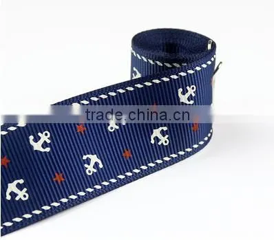 Nautical Anchor Printed Navy Blue Grosgrain Ribbon for Hair bow, Packing, Decoration
