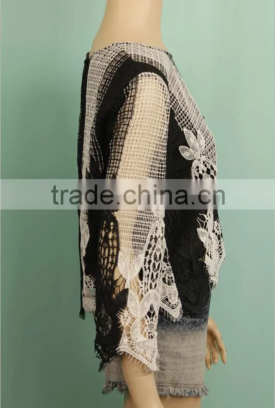 2016 classical net design long sleeve ladies fashion floral pattern embroidered cotton blouse